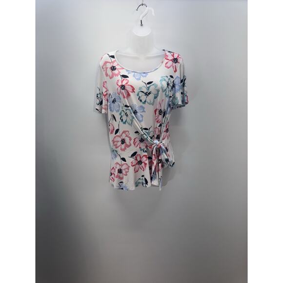 Como Blu White Floral Short Sleeve Blouse High Low Front Tied Women’s Size XXL - Picture 1 of 7